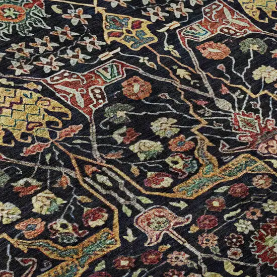 8' Black Gold Teal And Red Floral Washable Round Rug With UV Protection Photo 8