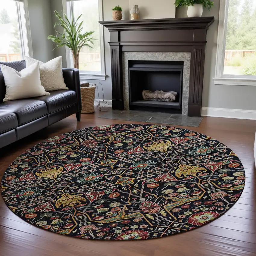 8' Black Gold Teal And Red Floral Washable Round Rug With UV Protection Photo 4
