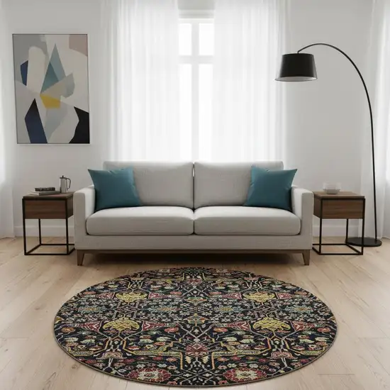 8' Black Gold Teal And Red Floral Washable Round Rug With UV Protection Photo 2