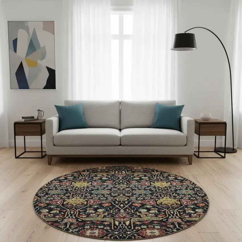 8' Black Gold Teal And Red Floral Washable Round Rug With UV Protection Photo 2