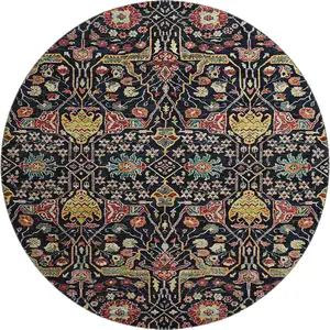 Photo of 8' Black Gold Teal And Red Floral Washable Round Rug With UV Protection