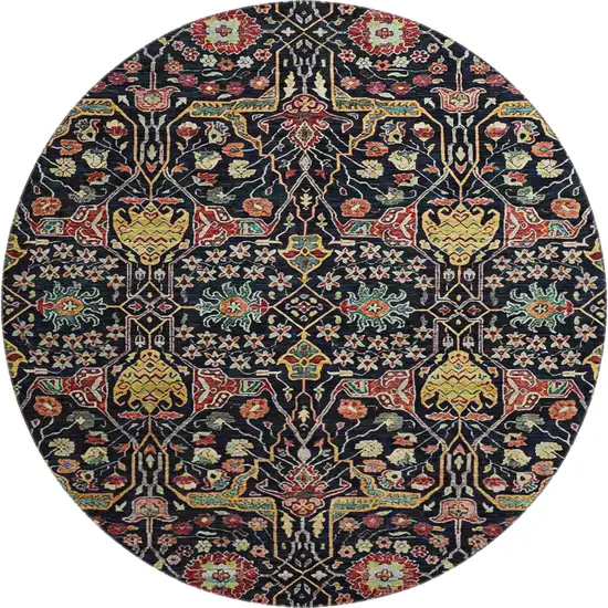 8' Black Gold Teal And Red Floral Washable Round Rug With UV Protection Photo 1