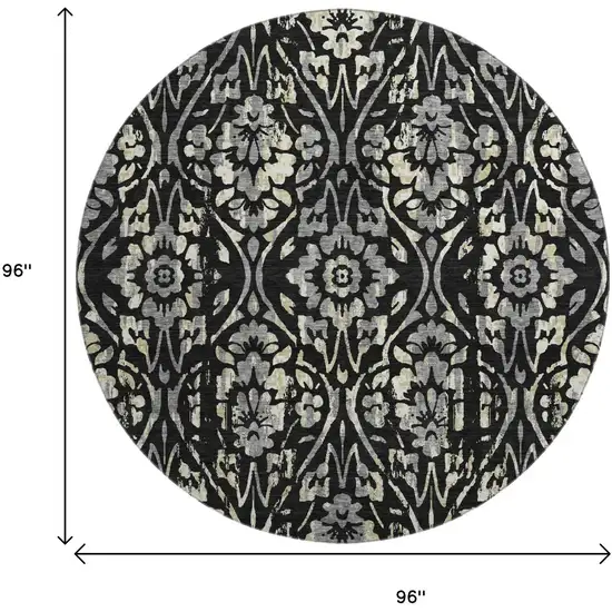 8' Black Gray And Beige Floral Washable Round Rug With UV Protection Photo 8