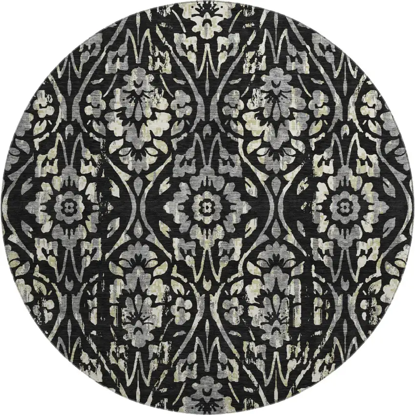 8' Black Gray And Beige Floral Washable Round Rug With UV Protection Photo 1