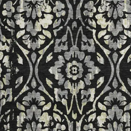 8' Black Gray And Beige Floral Washable Round Rug With UV Protection Photo 4