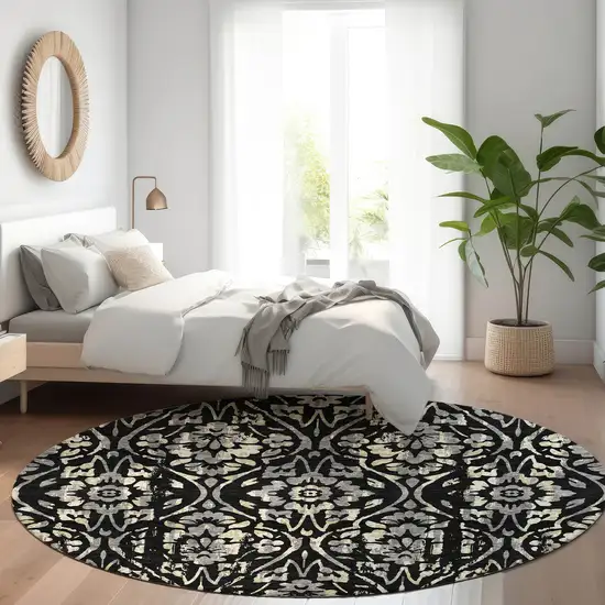 8' Black Gray And Beige Floral Washable Round Rug With UV Protection Photo 5