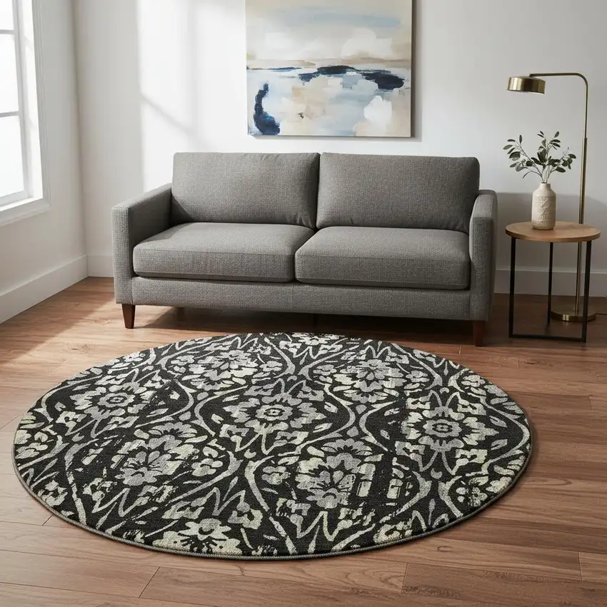 8' Black Gray And Beige Floral Washable Round Rug With UV Protection Photo 2