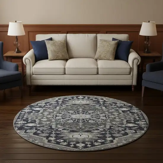 8' Black Gray And Beige Oriental Washable Round Rug With UV Protection Photo 2