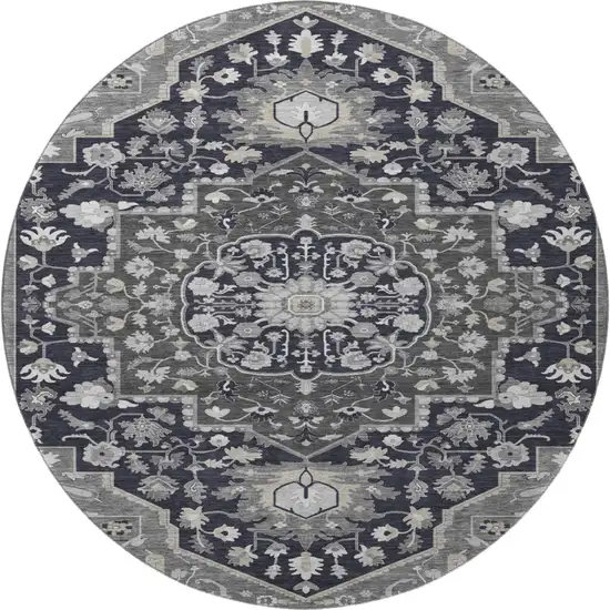 8' Black Gray And Beige Oriental Washable Round Rug With UV Protection Photo 3