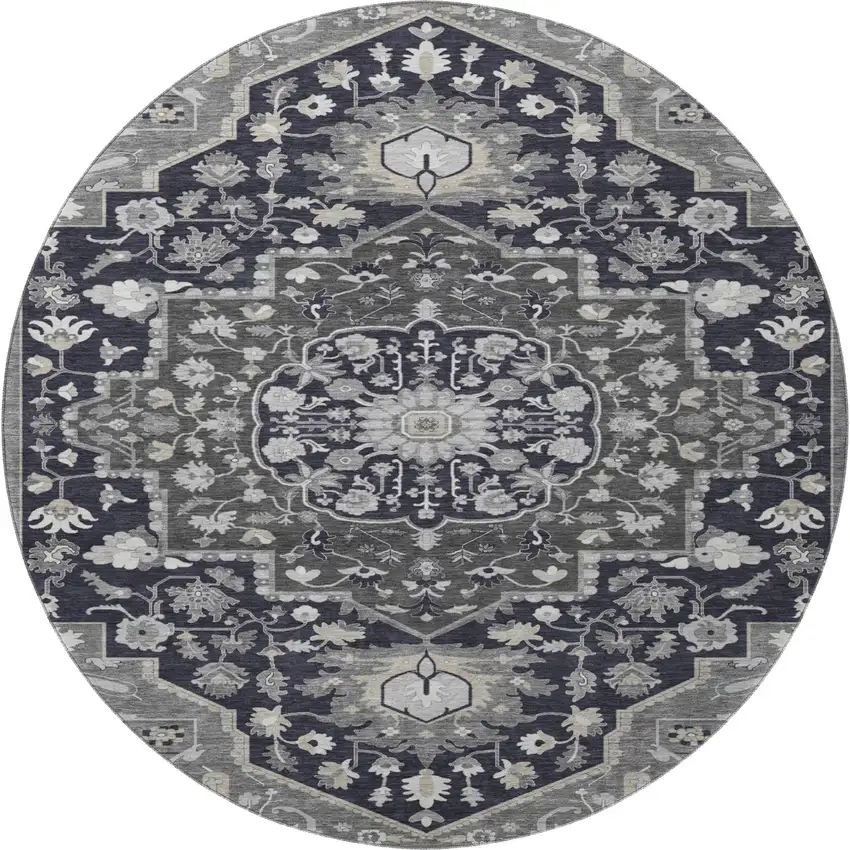8' Black Gray And Beige Oriental Washable Round Rug With UV Protection Photo 3