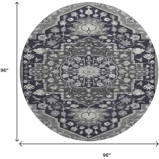 8' Black Gray And Beige Oriental Washable Round Rug With UV Protection Photo 9