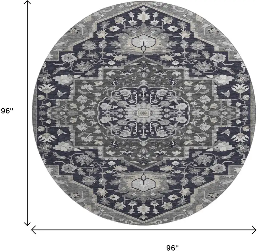 8' Black Gray And Beige Oriental Washable Round Rug With UV Protection Photo 9