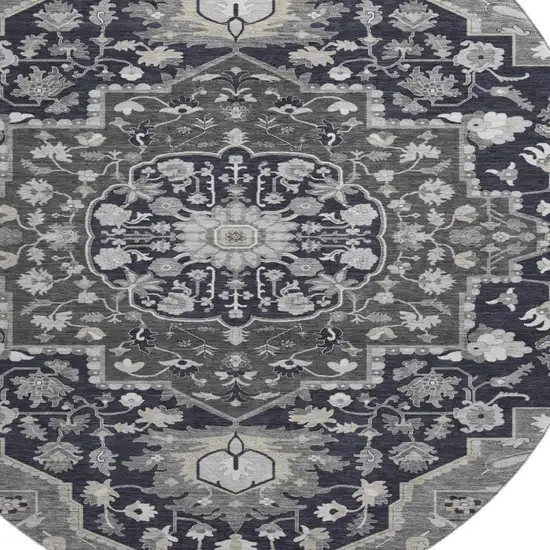 8' Black Gray And Beige Oriental Washable Round Rug With UV Protection Photo 2