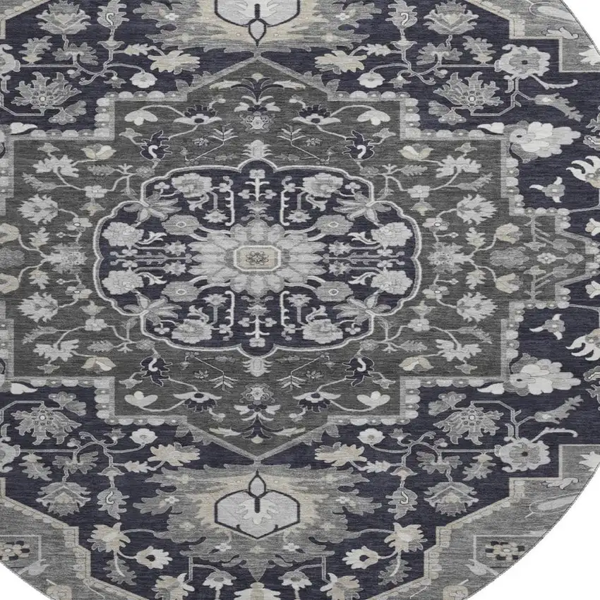 8' Black Gray And Beige Oriental Washable Round Rug With UV Protection Photo 2