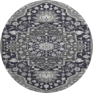Photo of 8' Black Gray And Beige Oriental Washable Round Rug With UV Protection