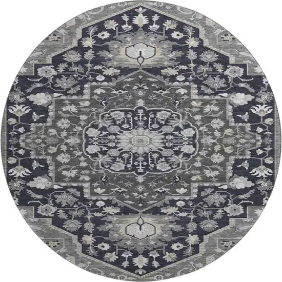 8' Black Gray And Beige Oriental Washable Round Rug With UV Protection Photo 1