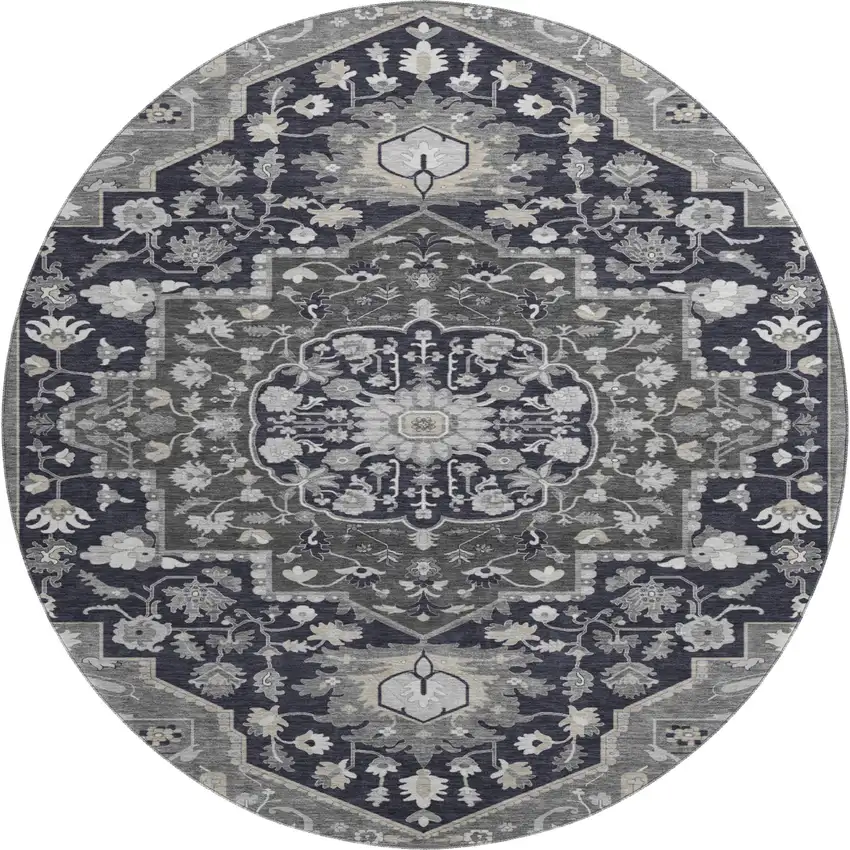 8' Black Gray And Beige Oriental Washable Round Rug With UV Protection Photo 1