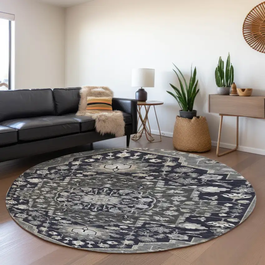 8' Black Gray And Beige Oriental Washable Round Rug With UV Protection Photo 4