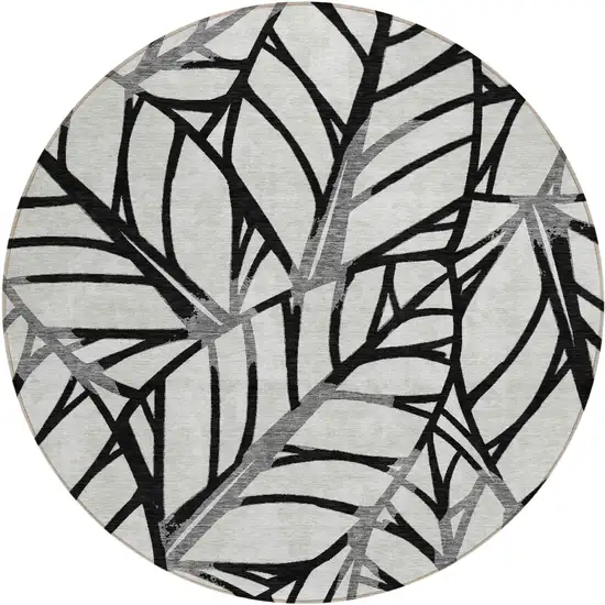8' Black Gray And Beige Round Floral Washable Indoor Outdoor Area Rug Photo 1