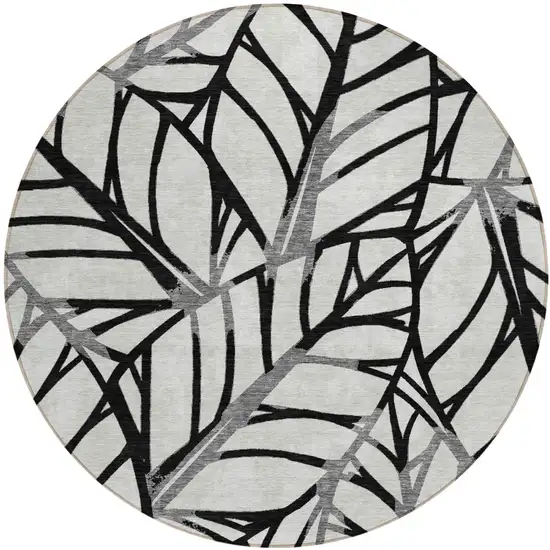 8' Black Gray And Beige Round Floral Washable Indoor Outdoor Area Rug Photo 1