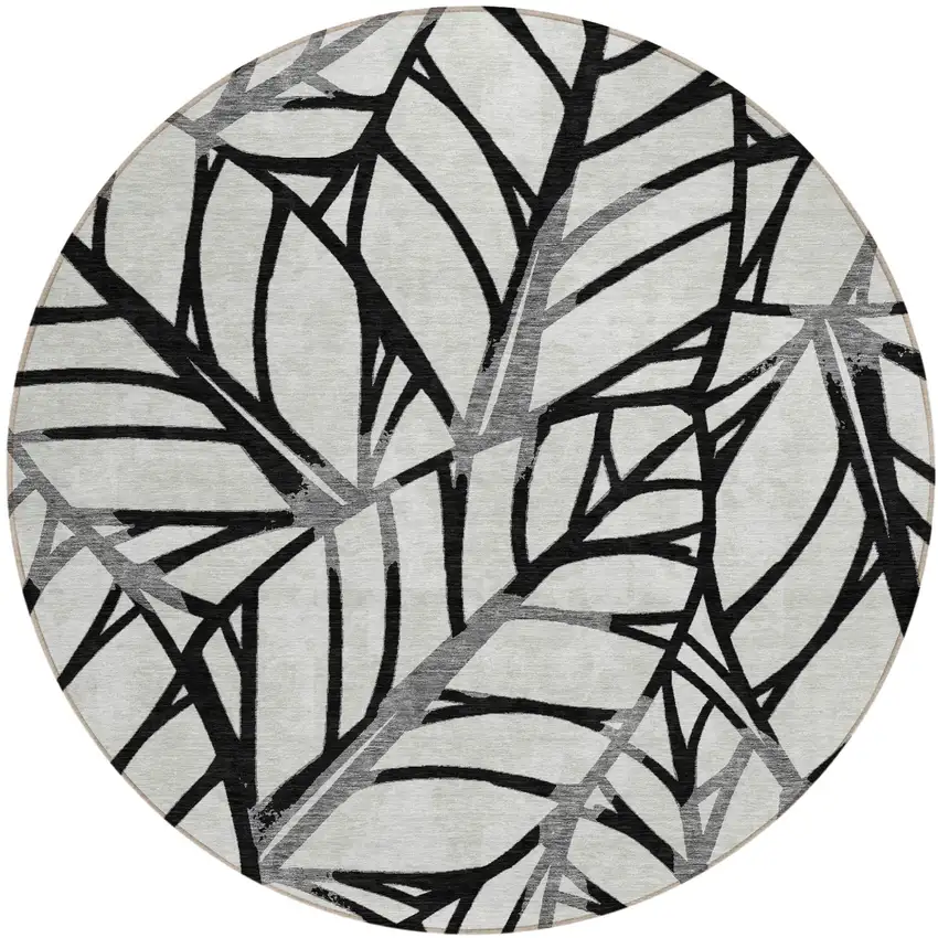 8' Black Gray And Beige Round Floral Washable Indoor Outdoor Area Rug Photo 1