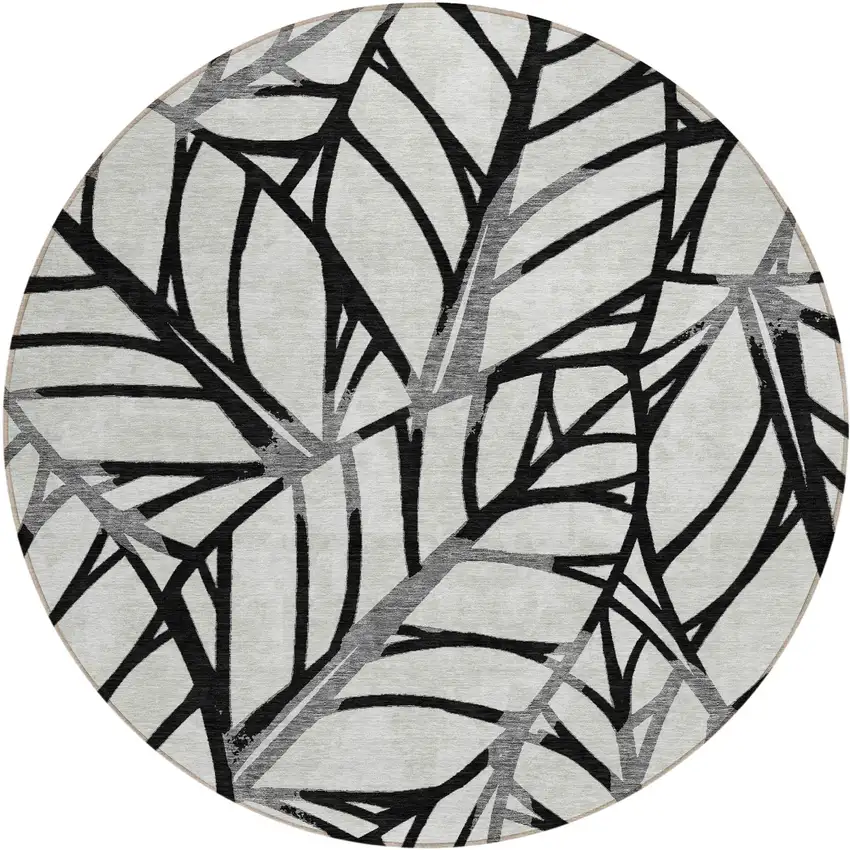 8' Black Gray And Beige Round Floral Washable Indoor Outdoor Area Rug Photo 1