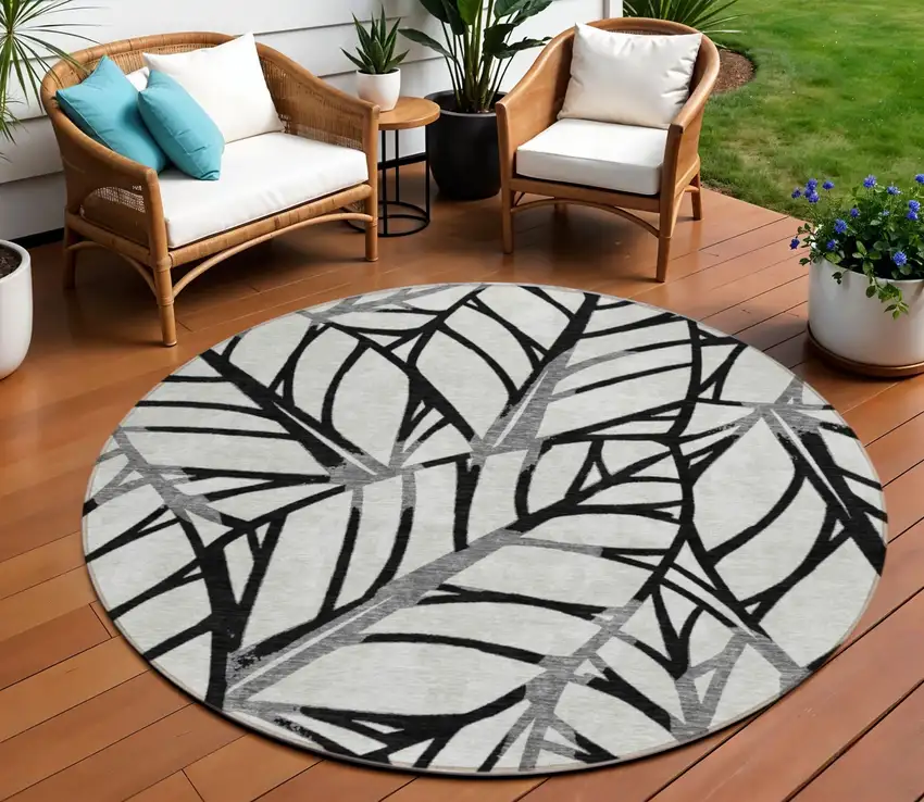 8' Black Gray And Beige Round Floral Washable Indoor Outdoor Area Rug Photo 1