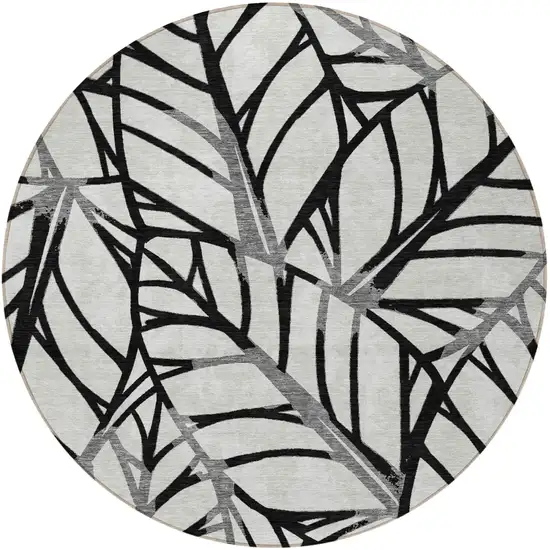 8' Black Gray And Beige Round Floral Washable Indoor Outdoor Area Rug Photo 5