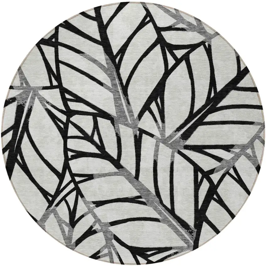 8' Black Gray And Beige Round Floral Washable Indoor Outdoor Area Rug Photo 5