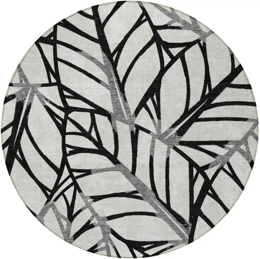 8' Black Gray And Beige Round Floral Washable Indoor Outdoor Area Rug Photo 5