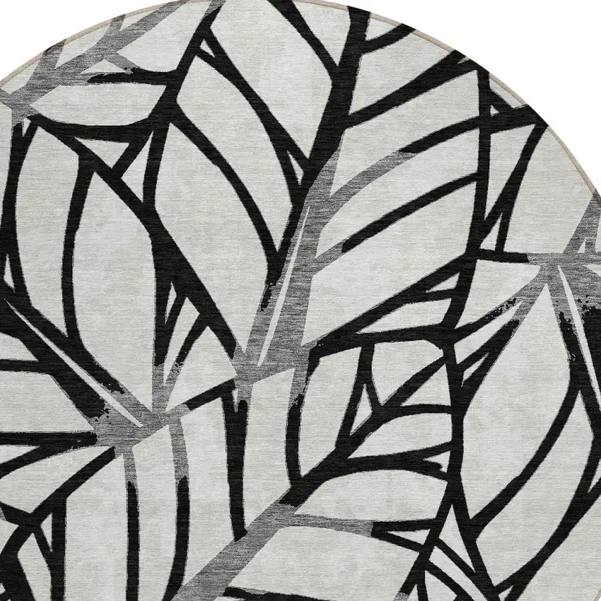 8' Black Gray And Beige Round Floral Washable Indoor Outdoor Area Rug Photo 4