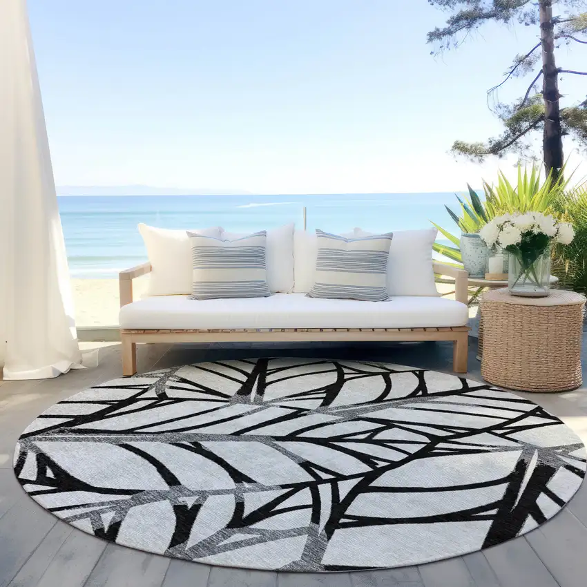 8' Black Gray And Beige Round Floral Washable Indoor Outdoor Area Rug Photo 6