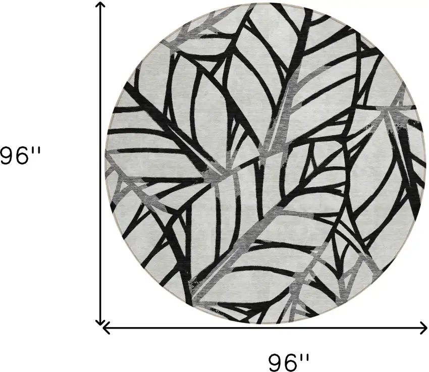 8' Black Gray And Beige Round Floral Washable Indoor Outdoor Area Rug Photo 8