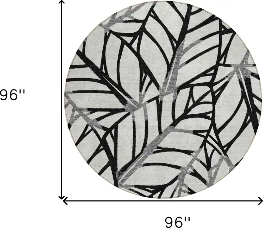 8' Black Gray And Beige Round Floral Washable Indoor Outdoor Area Rug Photo 8