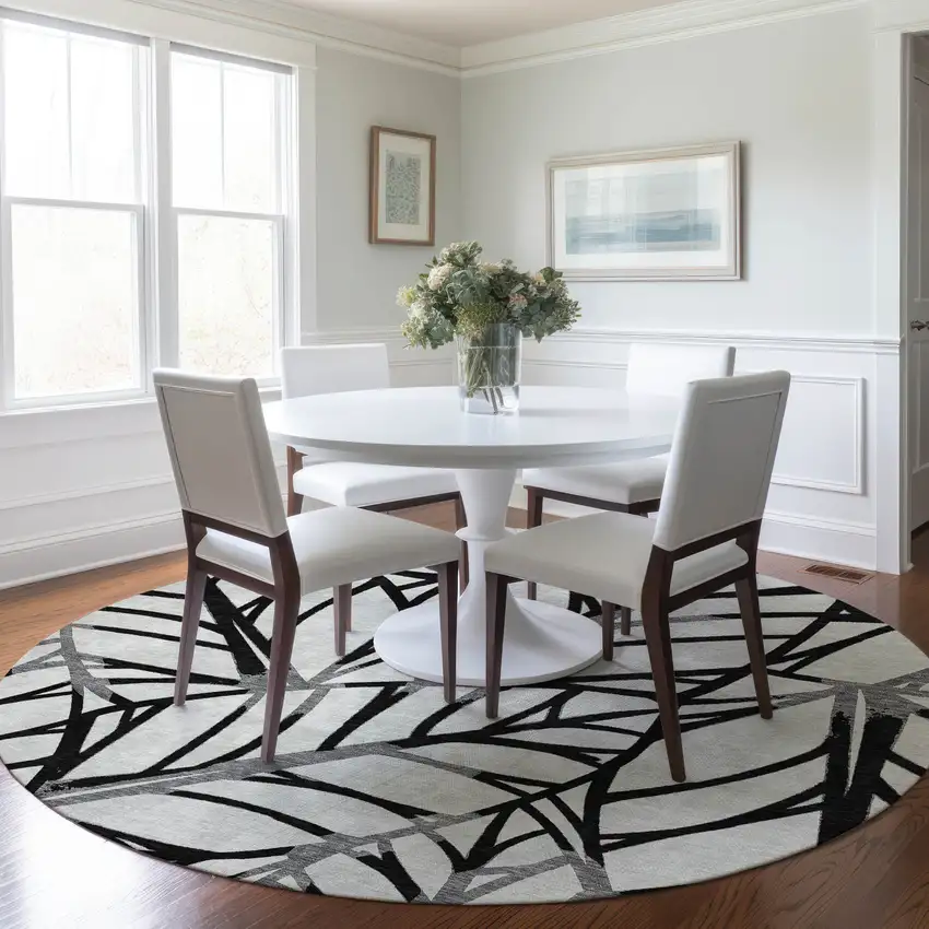8' Black Gray And Beige Round Floral Washable Indoor Outdoor Area Rug Photo 7