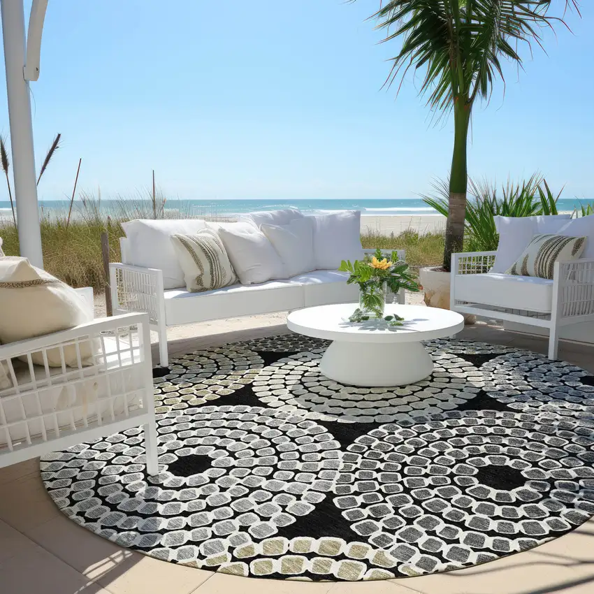 8' Black Gray And Beige Round Geometric Washable Indoor Outdoor Area Rug Photo 7