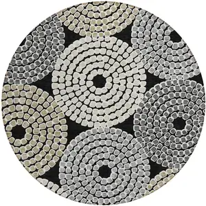 Photo of 8' Black Gray And Beige Round Geometric Washable Indoor Outdoor Area Rug