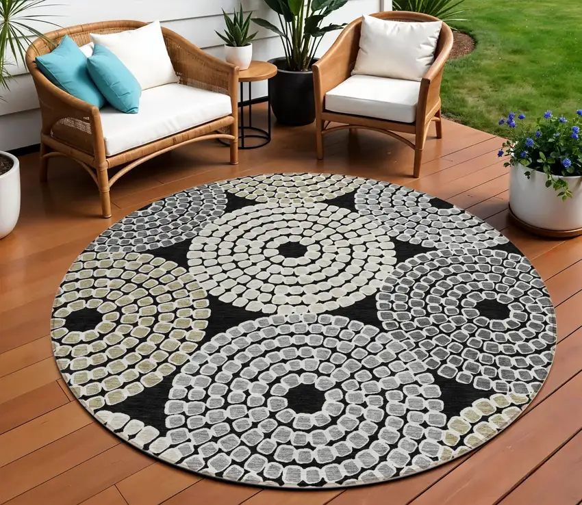 8' Black Gray And Beige Round Geometric Washable Indoor Outdoor Area Rug Photo 1