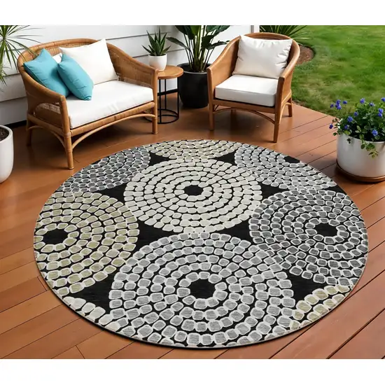 8' Black Gray And Beige Round Geometric Washable Indoor Outdoor Area Rug Photo 1