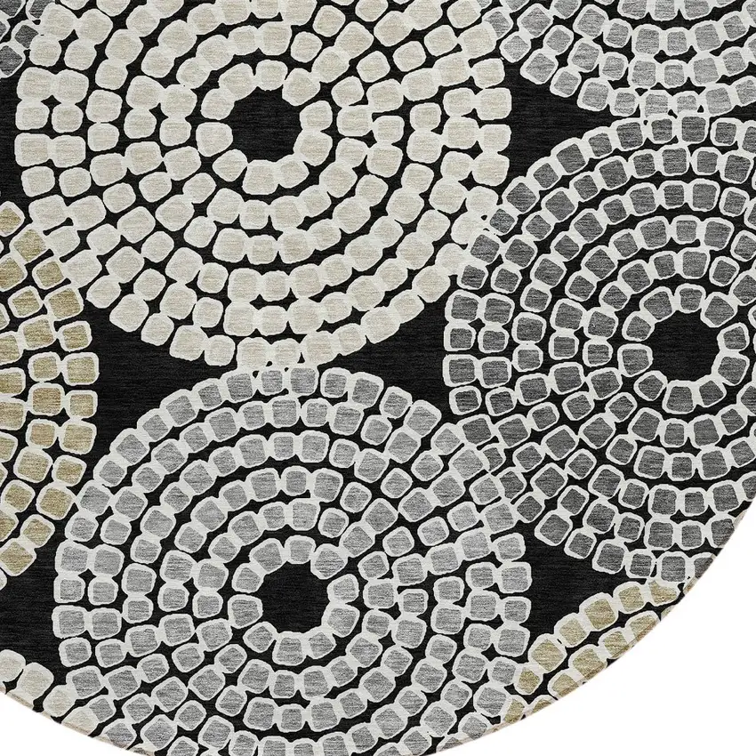8' Black Gray And Beige Round Geometric Washable Indoor Outdoor Area Rug Photo 4
