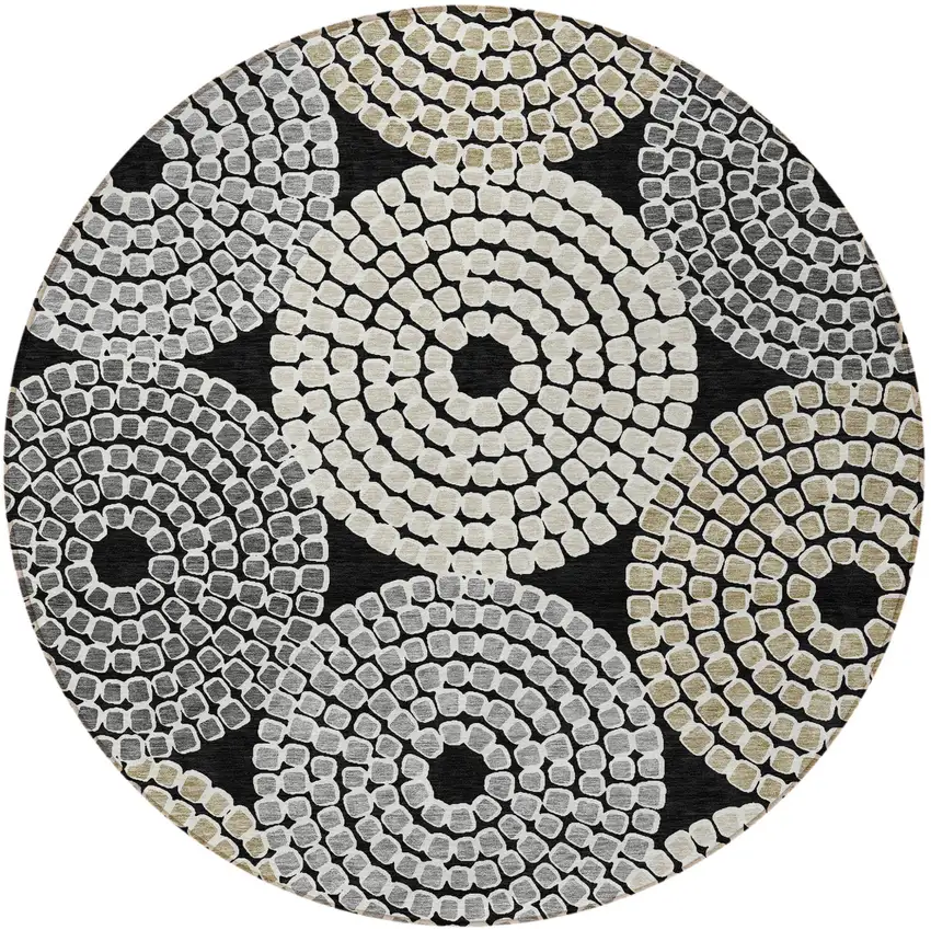 8' Black Gray And Beige Round Geometric Washable Indoor Outdoor Area Rug Photo 6