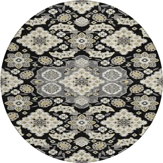 8' Black Gray And Beige Round Medallion Washable Indoor Outdoor Area Rug Photo 4