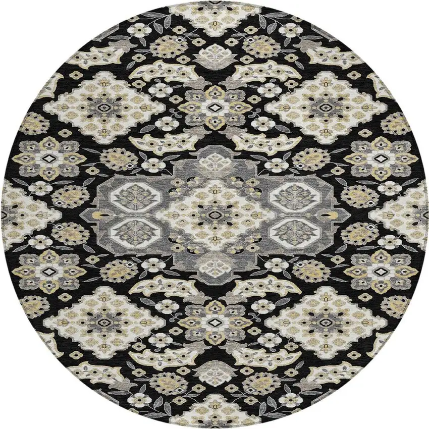 8' Black Gray And Beige Round Medallion Washable Indoor Outdoor Area Rug Photo 4