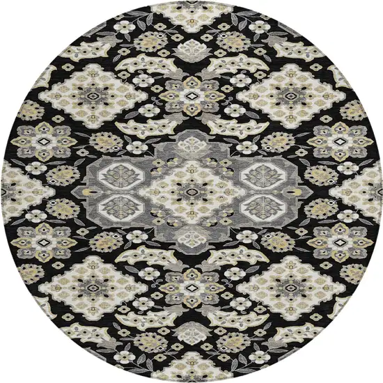 8' Black Gray And Beige Round Medallion Washable Indoor Outdoor Area Rug Photo 3