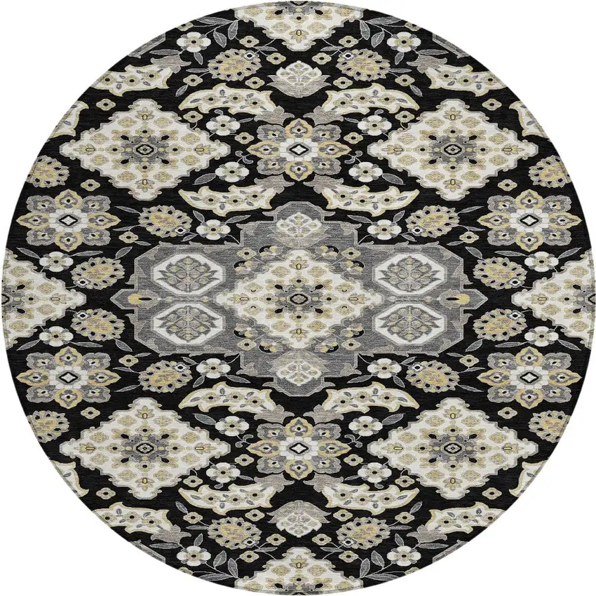 8' Black Gray And Beige Round Medallion Washable Indoor Outdoor Area Rug Photo 3