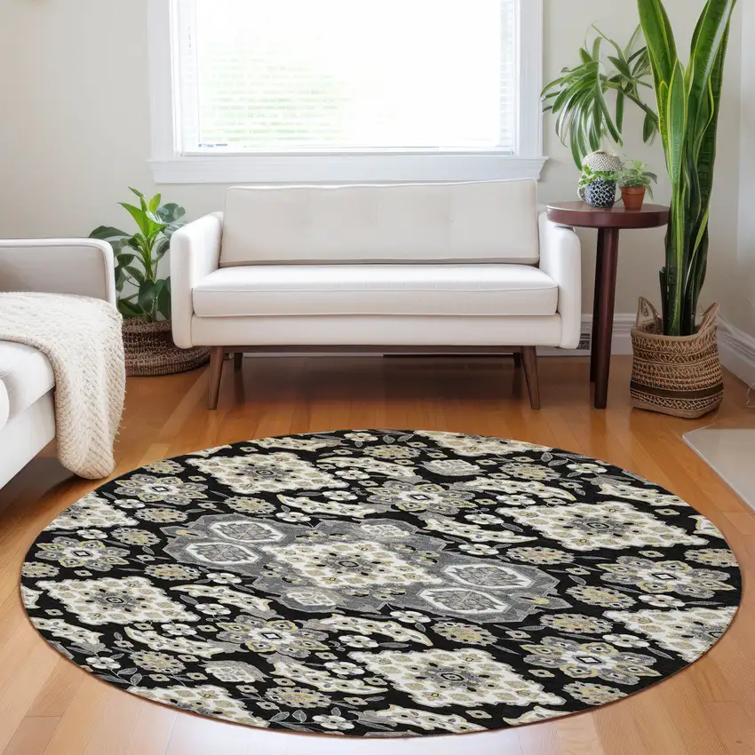 8' Black Gray And Beige Round Medallion Washable Indoor Outdoor Area Rug Photo 6