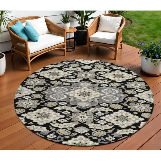 8' Black Gray And Beige Round Medallion Washable Indoor Outdoor Area Rug Photo 2