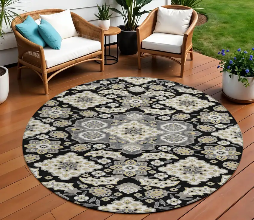 8' Black Gray And Beige Round Medallion Washable Indoor Outdoor Area Rug Photo 2