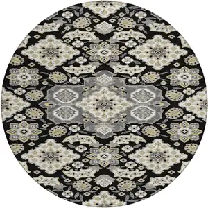 Photo of 8' Black Gray And Beige Round Medallion Washable Indoor Outdoor Area Rug