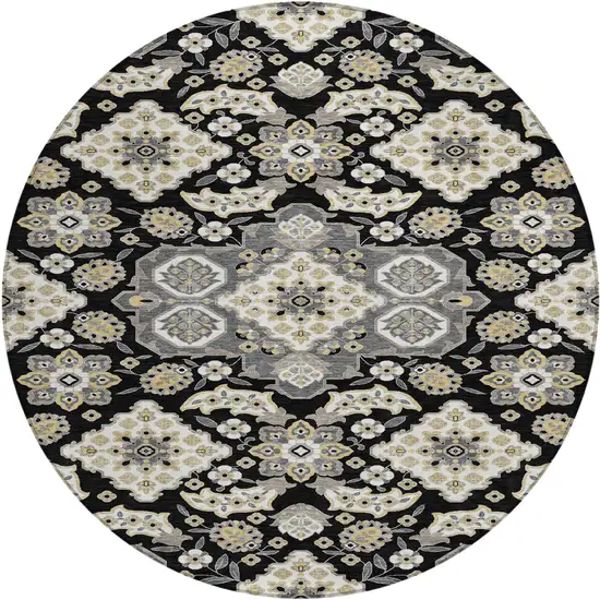 8' Black Gray And Beige Round Medallion Washable Indoor Outdoor Area Rug Photo 1